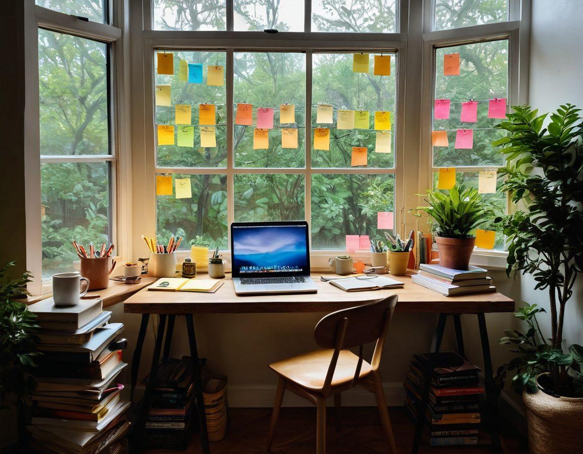 An inspiring workspace filled with vibrant sticky notes and a laptop with an open blog draft, surrounded by a diverse array of books on writing and creativity. A large window illuminates the room, casting a warm glow with greenery outside, symbolizing growth. Include colorful coffee mugs and a cozy chair to evoke a personal touch, representing the journey of content creation. super-realistic. vibrant colors. cozy atmosphere.