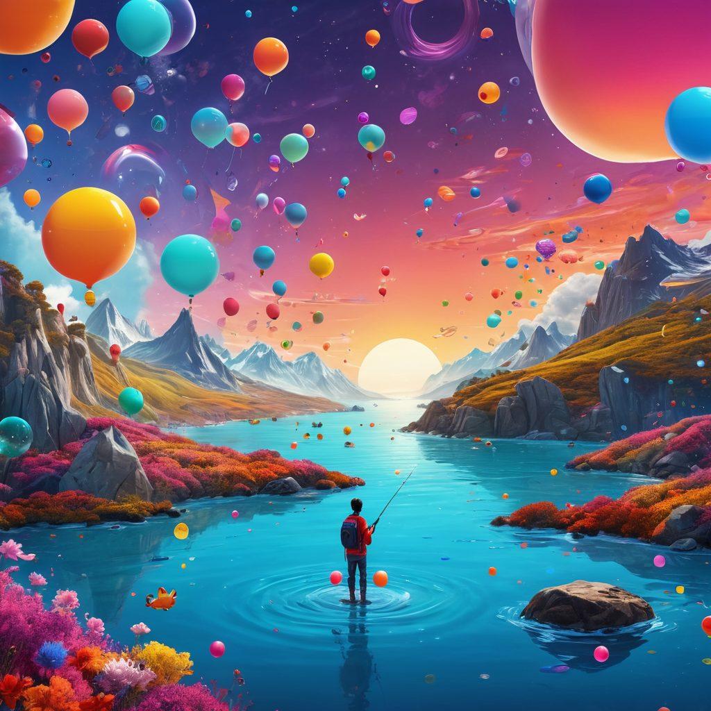 A whimsical landscape featuring a vast digital ocean filled with floating blog pages and vibrant content bubbles. In the foreground, a friendly guide character, representing Vadu Insights, holds a compass while navigating through this colorful sea of information. Brightly colored tools for writing and creativity hover around, symbolizing the art of crafting compelling content. The sky is dotted with inspiration lightbulbs and social media icons, creating a dynamic atmosphere. surrealism. vibrant colors. 3D.