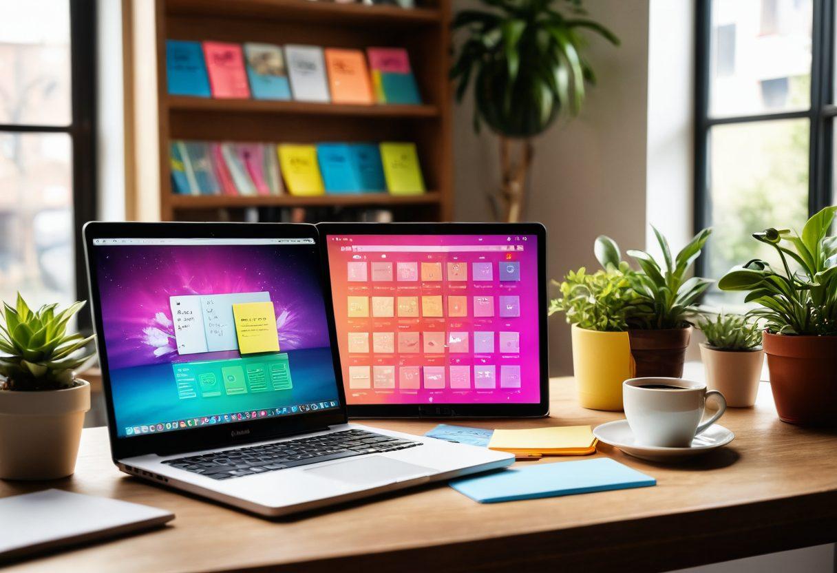 A vibrant workspace scene featuring an open digital journal on a sleek laptop, surrounded by colorful sticky notes and a steaming coffee cup. In the background, a cozy bookshelf filled with inspirational books and plants, illuminated by warm sunlight. Include digital elements like floating icons representing creativity and engagement. super-realistic. vibrant colors. cozy atmosphere.